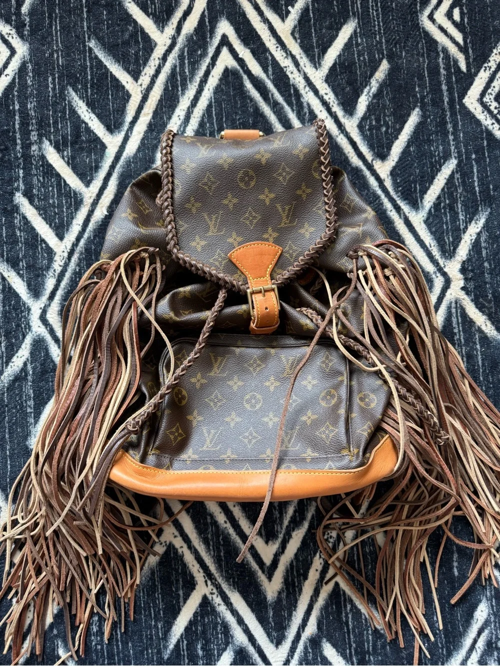 Vintage Boho Louis Vuitton Reworked Luxury Monogram Brown Fringe Leather Backpac